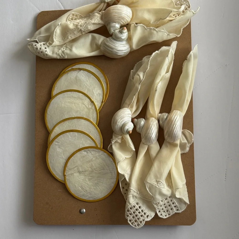 Vintage Capiz shell Elegant Gold and Ivory coaster, napkins and rings